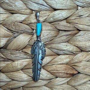 Southwest Sterling Silver Feather Pendant with Turquoise Accent